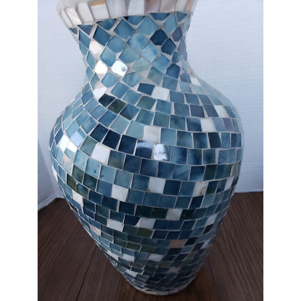 Mosaic 12 Inch Tall Blue White Tiled Glass Large Vase - Picture 8 of 15